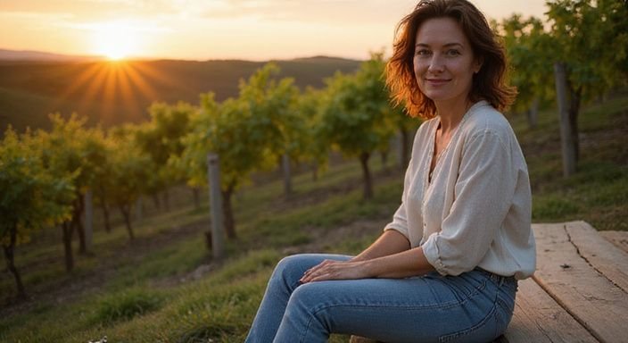 Een vrouw in een wijngaard zit op een houten bank en zoekt een man voor een oudere rijpe vrouwen sexdate in Limburg