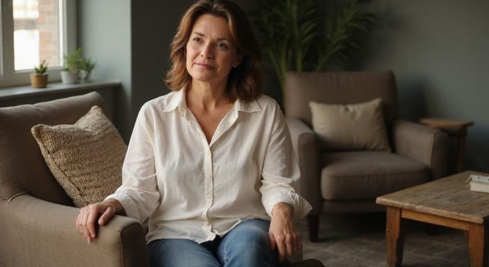 Vrouw in haar veertig, ontspannen in een gezellige woonkamer wil graag een oudere rijpe vrouwen sexdate in Limburg