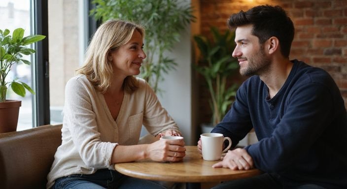 Een vrouw en een man hebben een intiem gesprek in een café over een oudere rijpe vrouwen sexdate in Limburg