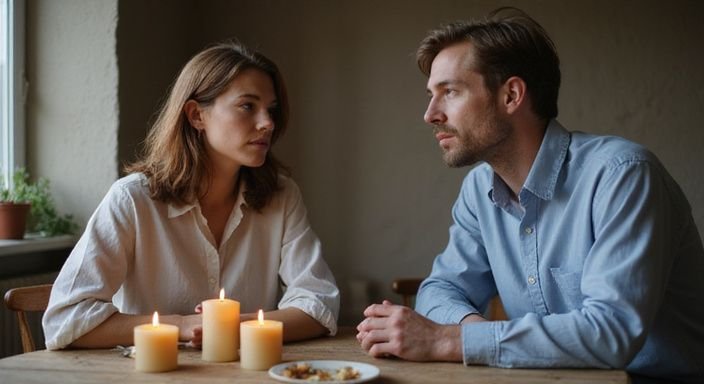 Een vrouw en man zitten samen aan een gezellig dinertafeltje