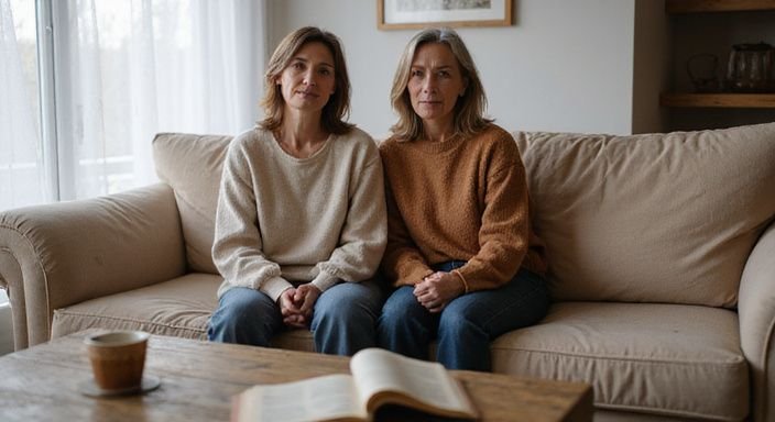 Twee middelbare vrouwen zitten samen op een bank in een woonkamer
