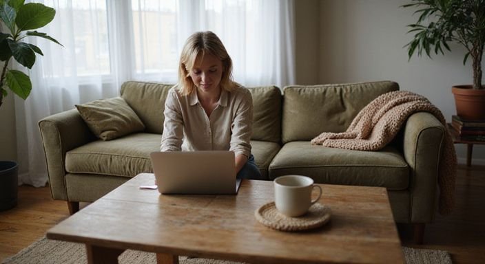 Een persoon in de woonkamer gebruikt een laptop voor online daten