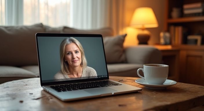 Een laptop staat op een houten tafel met een lege koffiemok