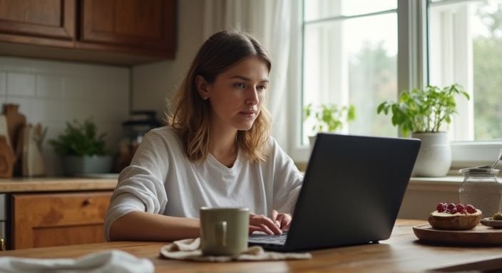 Een vrouw zit aan de keukentafel en bekijkt een datingsite