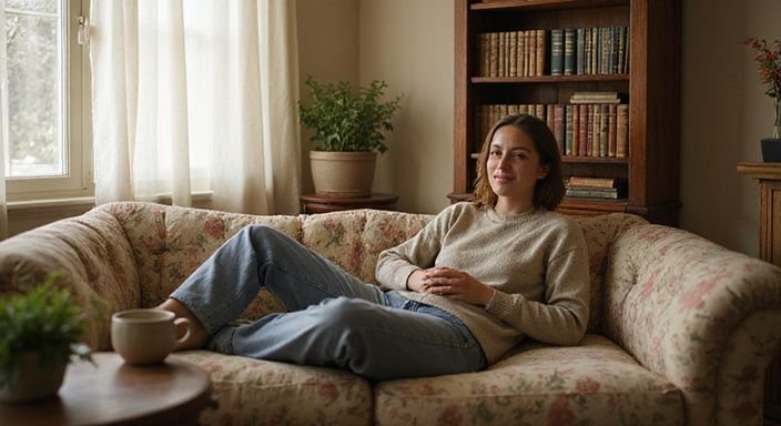 Een comfortabele woonkamer met een persoon op een bloemrijke bank