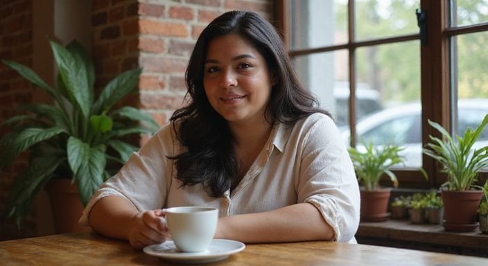 Een plus size vrouw geniet van een intiem gesprek in een café