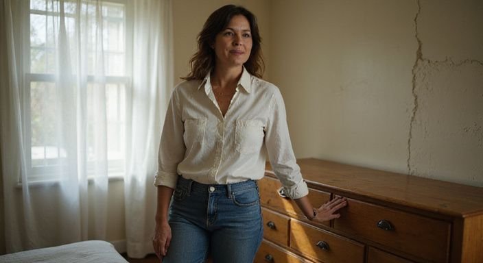 Een vrouw staat rustig in een bescheiden slaapkamer met een attente houding