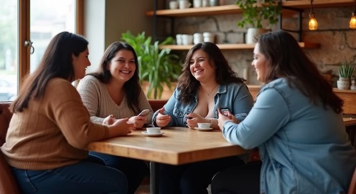 Een groep vrouwen in een koffiehuis geniet van hun tijd samen