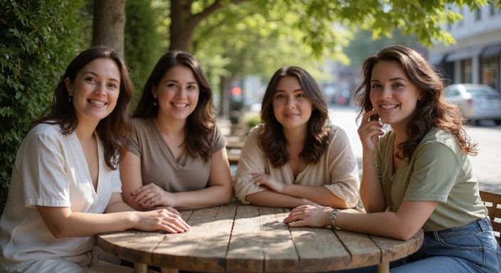 Een groep plus size vrouwen geniet van elkaars gezelschap aan een tafel