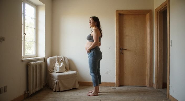 Vrouw met zelfverzekerde houding in een bescheiden, sfeervolle kamer