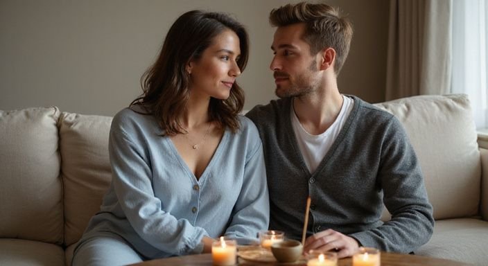 Een stel zit dicht bij elkaar op een comfortabele bank