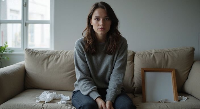 Een vrouw zit alleen op een versleten bank, somber en moe