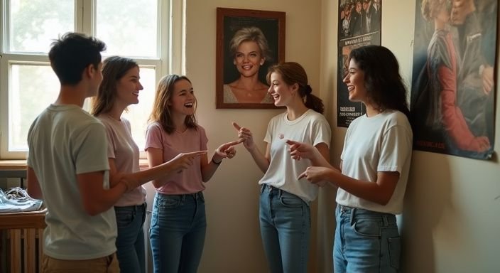 Vijf jonge volwassenen lachen samen in een gezellige studentenkamer