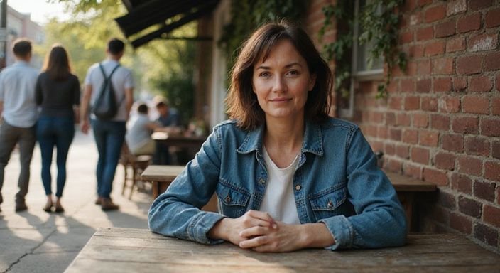 Een middelbare vrouw zit contemplatief aan een cafétafel buiten