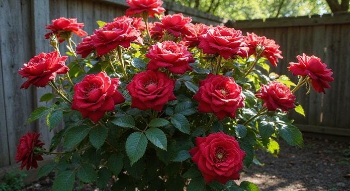 Een dicht begroeide rozenstruik met dieprode rozen in een tuin