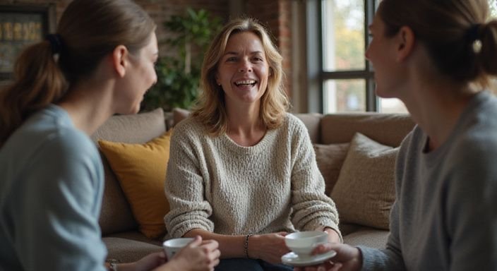 Een lachende vrouw in een gezellige setting, omringd door vrienden