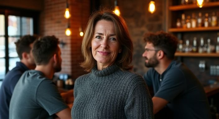 Een vrouw in een grijze trui geniet van een levendig gesprek