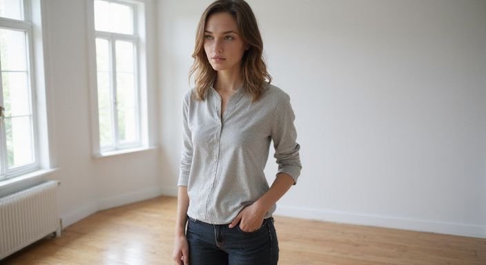 Een vrouw in een minimalistische kamer met een ontspannen houding