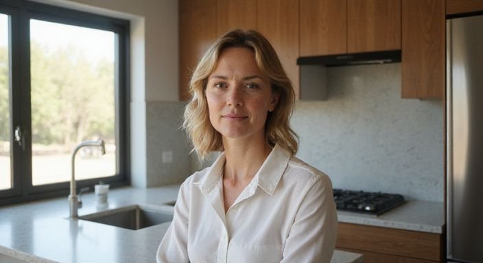 Een vrouw in een moderne keuken met een kalme uitstraling
