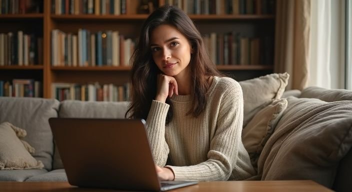 Een vrouw in een gezellige woonkamer denkt na over relaties
