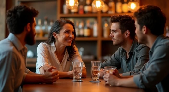 Een oudere vrouw converserend met jongere mannen in een cocktailbar
