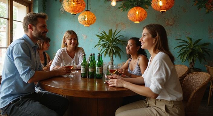 Man en vrouw in gesprek met een groep vrouwen in een bar over Antilliaanse Vrouwen sexdating.