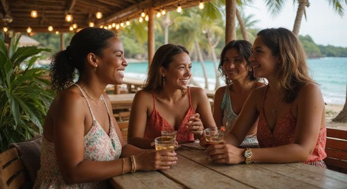 Een groep vrouwen geniet van gesprekken in een gezellige strandcafé.