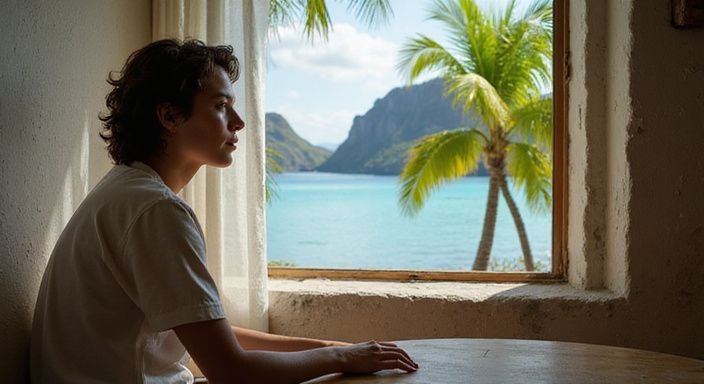 Een persoon zit contemplatief in een sfeervolle kamer met uitzicht.