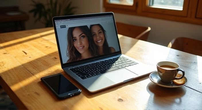 Een keuken tafel met een laptop met Antilliaanse Vrouwen sexdating proeilen, , smartphone, koffie en koekjes.