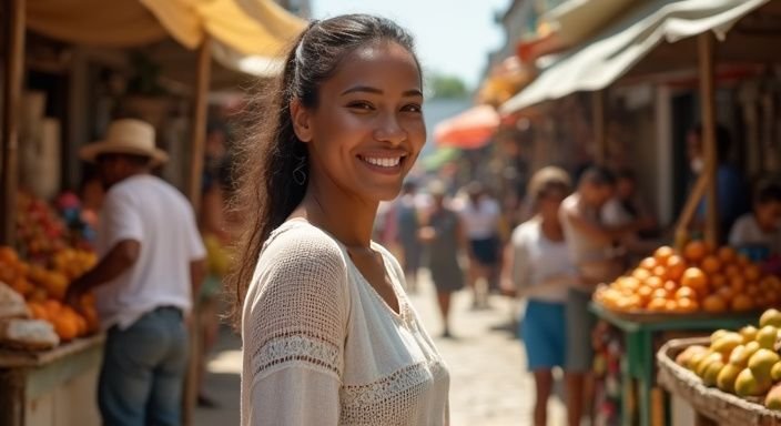 Een vrouw in een markt met tropisch fruit en drukte om haar heen.