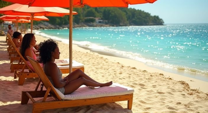 Een levendig strand met kleurrijke parasols en ontspannen mensen.