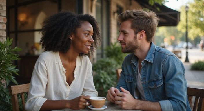 Een man en een vrouw zitten samen aan een café tafel tijdens Antilliaanse Vrouwen sexdating.