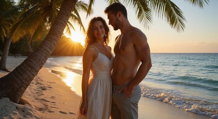 Een stel geniet van een intiem moment op een afgelegen strand.