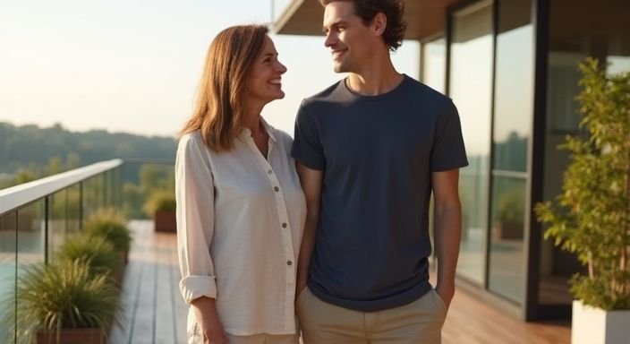 Een middeljarige vrouw en haar jongere partner genieten van elkaars gezelschap.