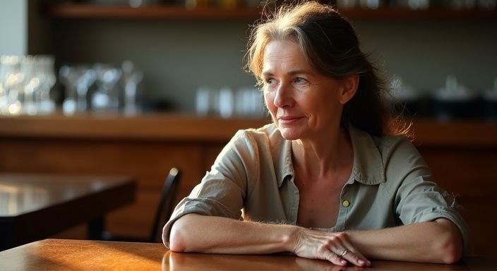 Een volwassen vrouw zit ontspannen aan een houten bar, verdiept in gedachten.