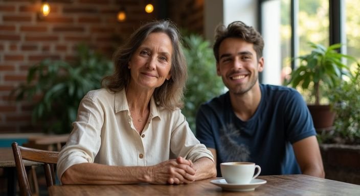 Een oudere vrouw en een jongere man hebben een cougar date in een café.
