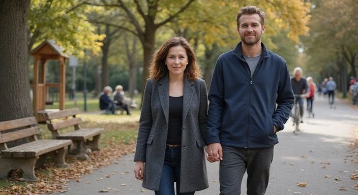 Een vrouw en man wandelen hand in hand in het park.