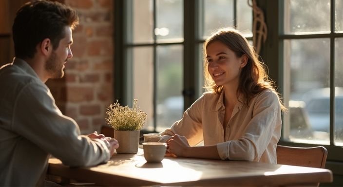 Een vrouw en een jongeman hebben een cougar date in een café.