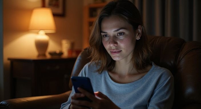 Een vrouw in de veertig kijkt geconcentreerd naar haar smartphone.