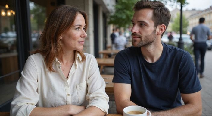 Vrouw en jongeman voeren een levendig gesprek over cougar date in een café.