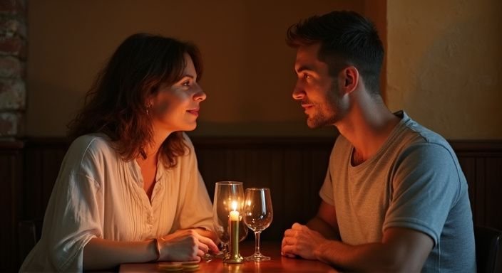 Een intiem diner tussen een vrouw en een jongeman in een restaurant tijdens een Cougar Date.