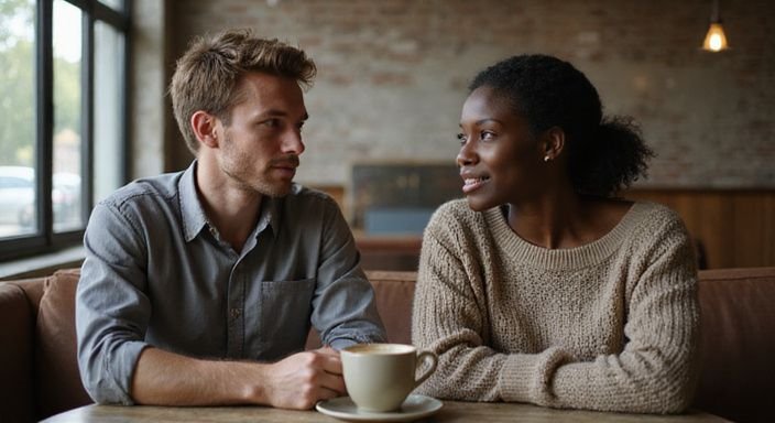 Een jonge man en vrouw genieten van donkere vrouwen sexdating in een koffiehuis.