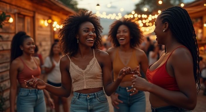 Een groep vrouwen geniet van een levendig muziek evenement in de buitenlucht.
