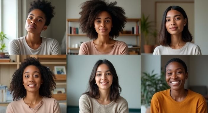 Zes jonge vrouwen bespreken liefde en relaties in een virtuele bijeenkomst voor donkere vrouwen sexdating.