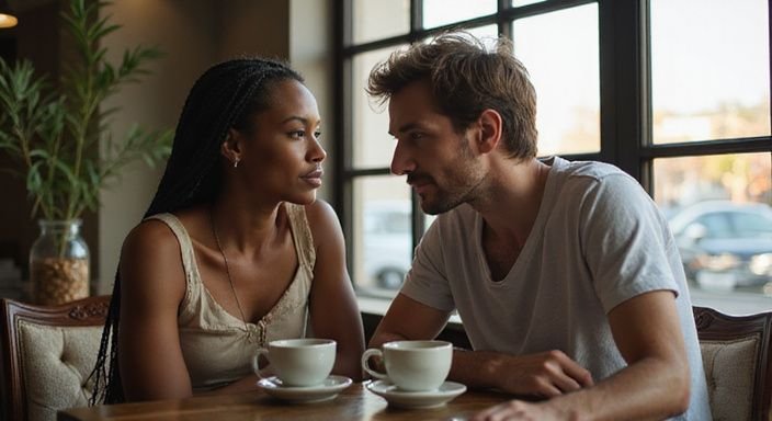 Een man en een vrouw delen een intiem gesprek aan tafel tijdens hun donkere vrouwen sexdating.