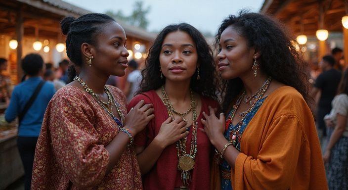 Groep vrouwen in traditionele kleding op een cultureel festival.