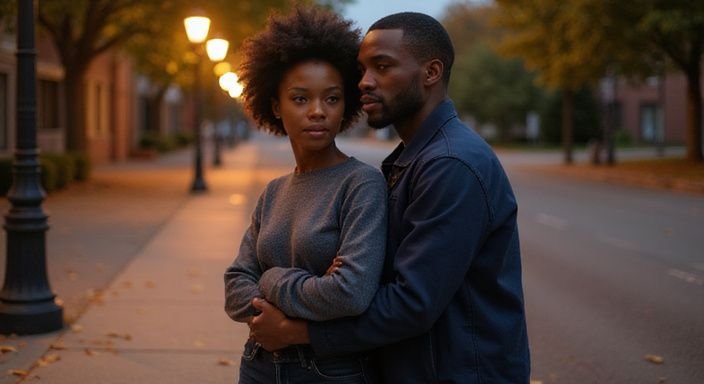 Een jong stel staat intiem dicht bij elkaar op een verlaten stoep.