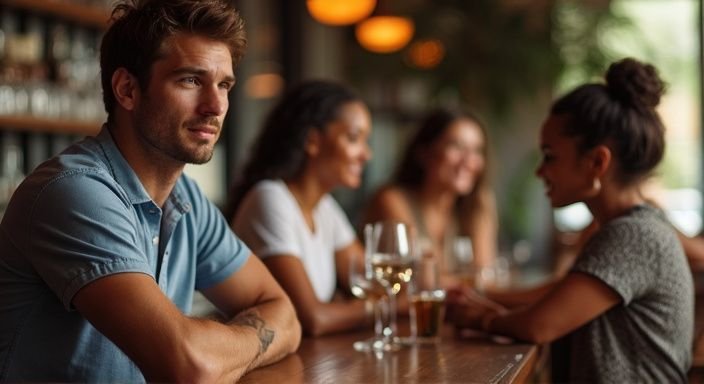 Een man observeert enthousiast een groep vrouwen in gesprek.