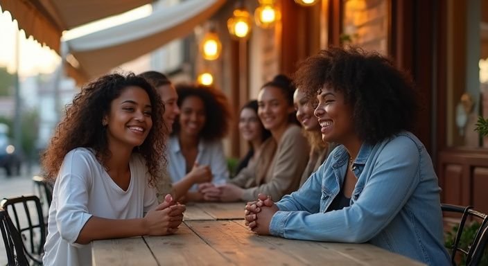 Een groep vrouwen geniet van een donkere vrouwen sexdating op een caféterras.