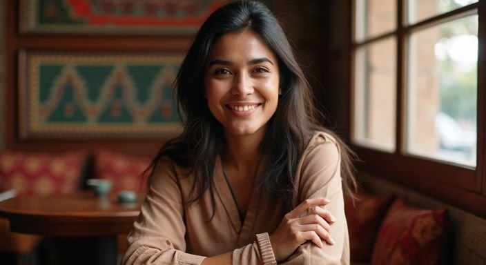 Een vrouw met een warme glimlach in een gezellig koffiehuis wil Marokkaanse vrouwen sexdating